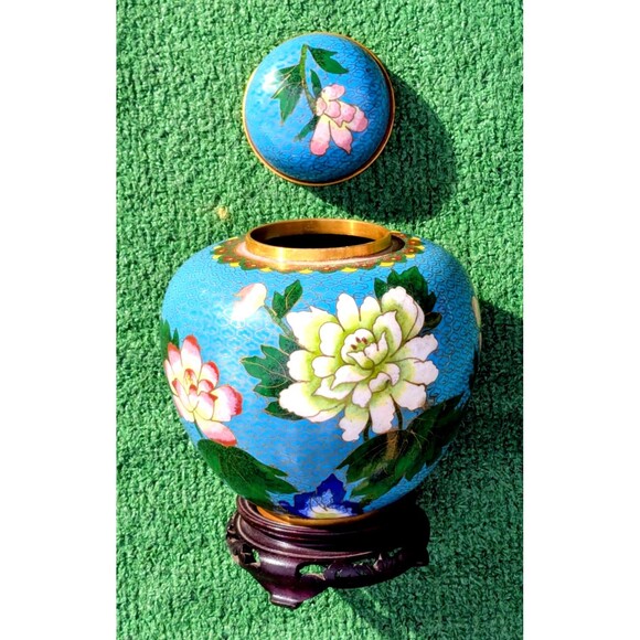 Vintage Cloisonné Floral Ginger Chinese Enamel Art-Mid 20th Century 8" Vase EUC - Picture 2 of 6